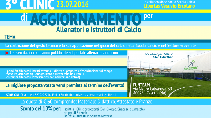 Sabato 23 luglio a Casoria il 3° Clinic di aggiornamento organizzato dal portale Allenaremania.com